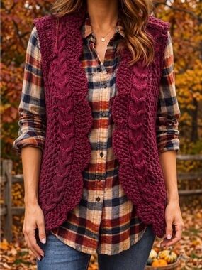 SASSO + SMYTH Sleeveless Cable Knit Vest in Burgundy